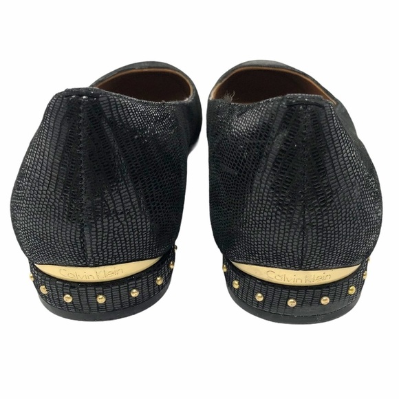 Calvin Klein Fridelle Black Embossed Flats Women’s Size 6 Gold Studded Heel Logo - Picture 6 of 10